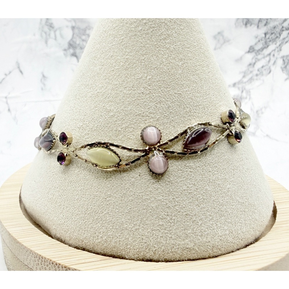 Glass Cabochon Rhinestone Floral Vine Gold Tone Bracelet Purple Green 7.5